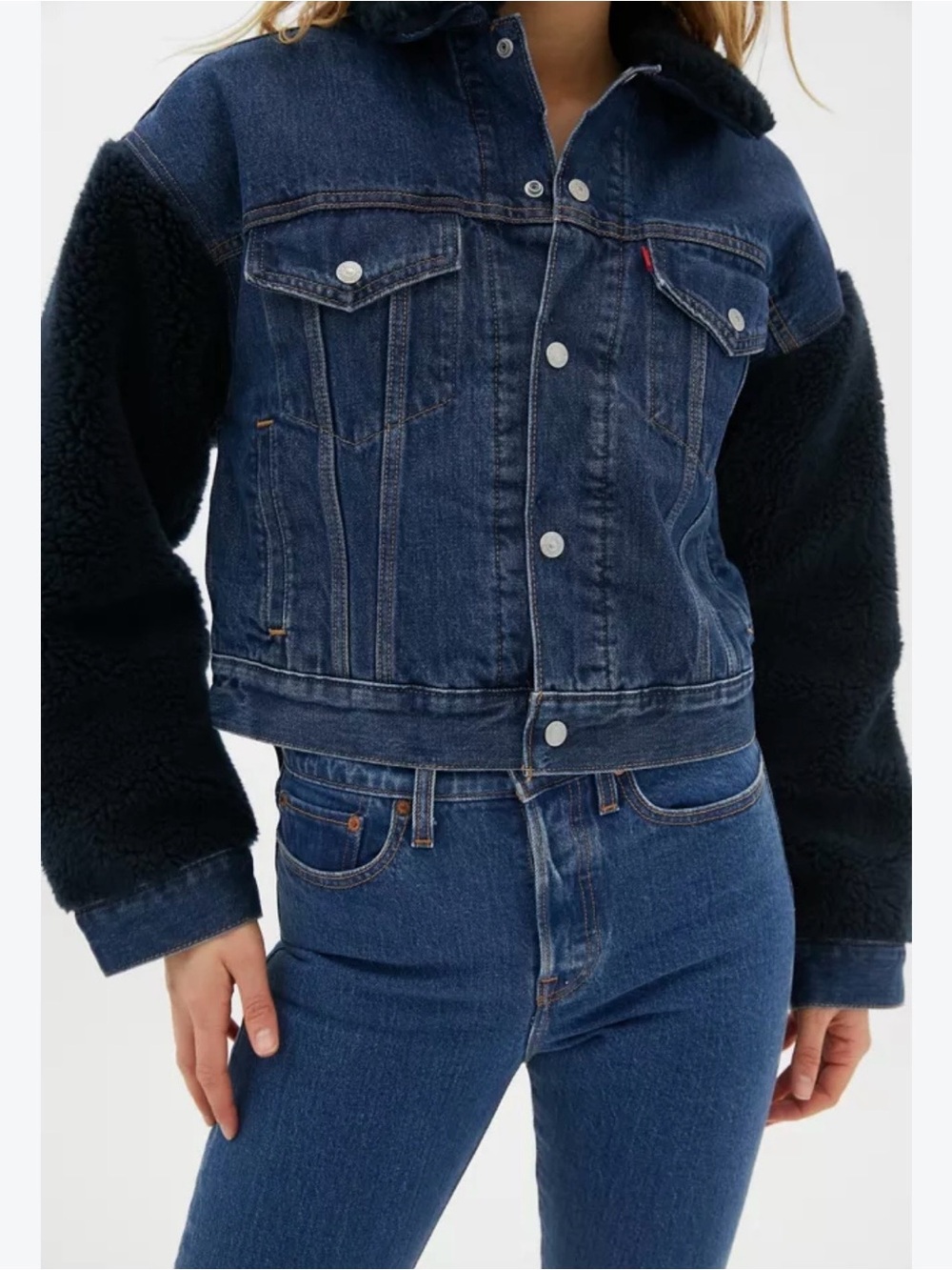 Levi's Blue Denim Trucker Jacket with Black Sherpa Sleeves